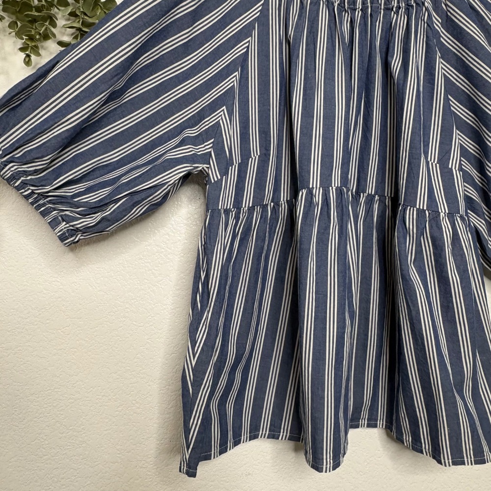 Old Navy Blue Striped Peasant Puff-Sleeve Blouse - Picture 3 of 7